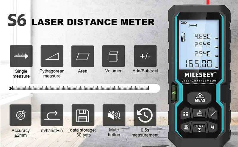 Medidor de Distância a Laser MILESEEY S6  (40M, 60M, 80M, 100M & 120M) Telêmetro a Laser IP54, Régua Eletrônica, Ferramenta de Medição Útil.